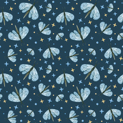 Watercolor seamless pattern with butterfly and stars. Background with moth perfect ro textile, wrapping, card, wallpaper, children decoration.