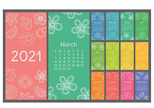 Calendar 2021 colorful hand drawn sketch. Doodle flower, heart, leaf, strawberry, watermelon, sun, snowflake, pumpkin, pear. Thin brush illustration