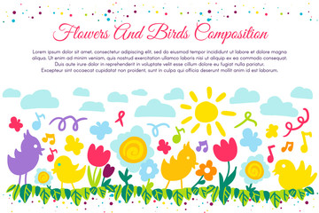 Birds and flowers flat banner with copyspace