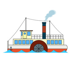 Retro passenger river steamboat in cartoon style on white background.