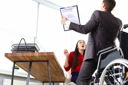 Man in suit got up from wheelchair, girl in shock. Communicate correctly with others and deal with sad thoughts. Behave correctly in different situations. Achieve what is supposed to be