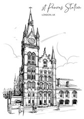 St. Pancras railway station, London, UK. Engraving style sketch. Vintage design. Travel sketchbook drawing. EPS10 vector illustration