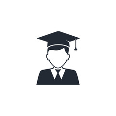 Graduate student boy in square hat vector icon. Male in mortar hat and graduation academic wear