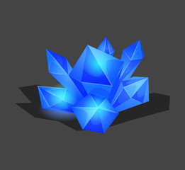 Crystalline stone or gem and precious gemstone for jewellery. Simple crystal symbol with reflection. Cartoon icon as decoration for games. Isolated Vector. Blue