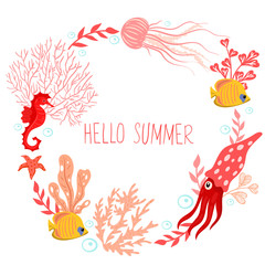 Round frame with underwater animals and the inscription hello summer isolate on a white background. Vector graphics.
