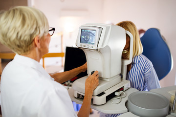Ophthalmology eyesight diagnostic concept. Modern eye test machine equipment in clinic