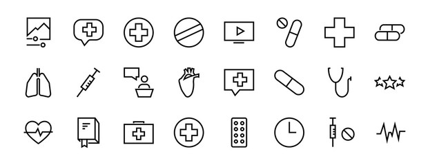  Simple Set of Medicine, Pills Related Vector Line Icons. Contains icons such as Pain, Syringe, tablet and more. Editable stroke. 480x480 pixels perfect, on a white background