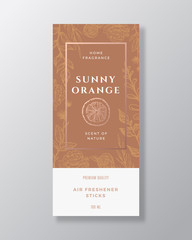 Orange Fruit Home Fragrance Abstract Vector Label Template. Hand Drawn Sketch Flowers, Leaves Background and Retro Typography. Premium Room Perfume Packaging Design Layout. Realistic Mockup.