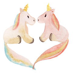 two pink unicorns with a shiny horn