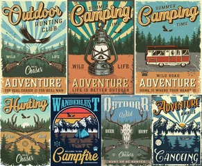 Fotobehang Vintage hunting and camping colorful posters © DGIM studio
