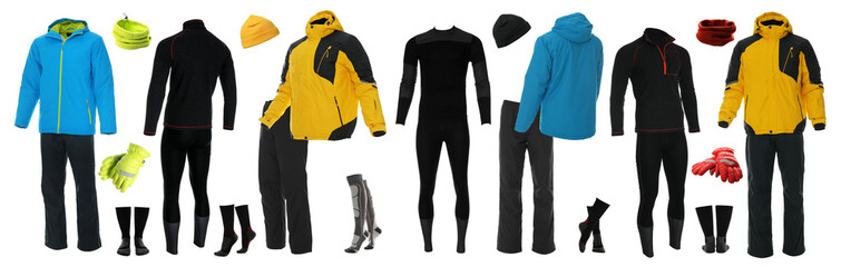 Collection of stylish winter sports clothes on white background