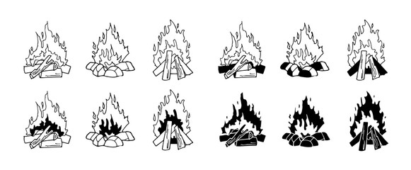 Set of monochrome vector illustrations isolated on a white background. Black and white burning bonfire. Contour and silhouettes. Outdoor adventure. Wild life. Camping hiking time.