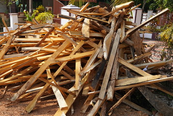 Broken long chunks of tree trunk. Close up broken pieces of wood. Pine timber wood chip. Broken into pieces and splinters tree trunk, close-up from the place of harvesting. : Kochi India January 2020