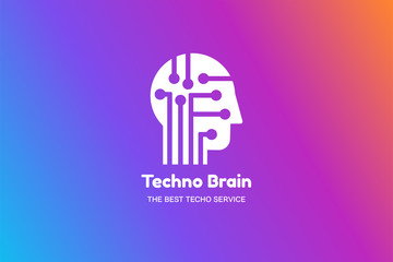 Techno brain negative space logotype concept