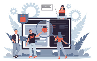 Debugging process flat vector illustration. People fixing bugs in hardware device. Application development and quality assurance service concept. Small people testing software near big screen.
