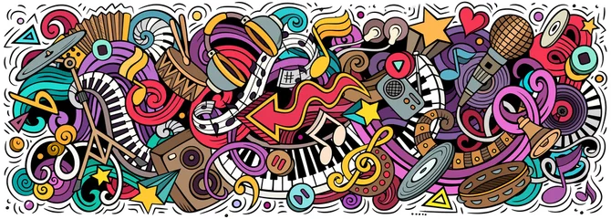 Poster Muziek hand getekende cartoon doodles illustratie. Kleurrijke vectorbanner © balabolka