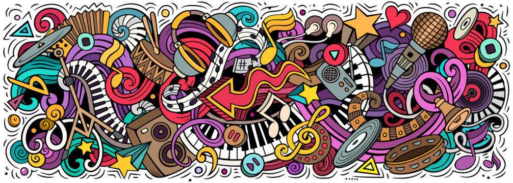 Fototapeta Music hand drawn cartoon doodles illustration. Colorful vector banner