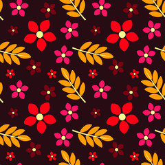 Autumn seamless pattern of red and orange flowers and leaves.