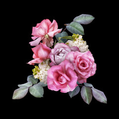 Pink roses, white hyacinth isolated on black background. Floral arrangement, bouquet of garden flowers. Can be used for invitations, greeting, wedding card.