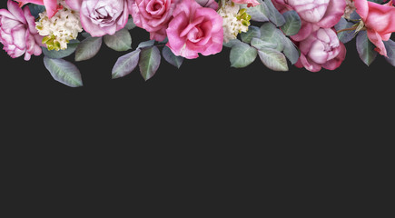 Floral banner, header with copy space. Pink roses, white hyacinth isolated on dark grey background....