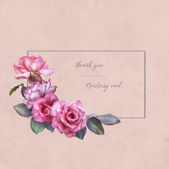 Floral card with copy space. Pink roses on pastel textured background. Bouquet of garden flowers.