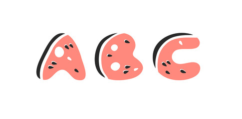 Watermelon ABC. Cartoon vector illustration fruits font. Hand drawn drawing vegetarian food. Actual Creative Vegan art work. Watermelon ABC and word 