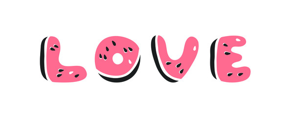 Watermelon ABC. Cartoon vector illustration fruits font. Hand drawn drawing vegetarian food. Actual Creative Vegan art work. Watermelon ABC and word