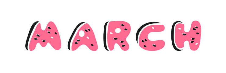 Watermelon ABC. Cartoon vector illustration fruits font. Hand drawn drawing vegetarian food. Actual Creative Vegan art work. Watermelon ABC and word