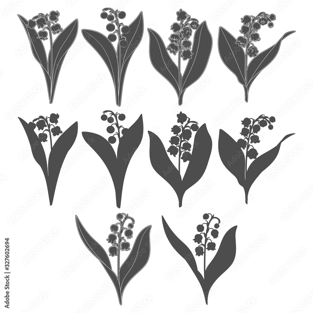 Poster set of black and white images with lilies of the valley. isolated vector objects on a white backgrou