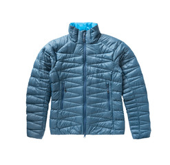 Top view of blue down jacket with zipper and pockets isolated on white background