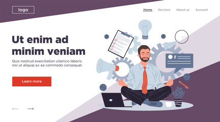 Business man meditating and relaxing in lotus position vector illustration. Office man practicing stress relief at workplace. Employee practicing mindfulness meditation and yoga in noisy office