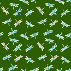 Seamless texture Set of dragonflies insects watercolor bright summer wings on green background