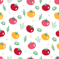 Seamless pattern with vegetables - tomato, dill, cucumber slices