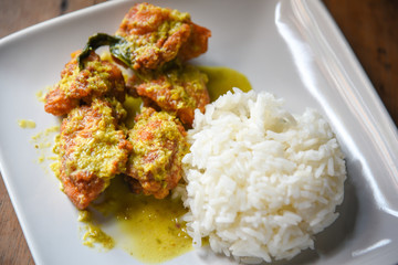 Deep Fried Chicken  and Green Curry with Rice , vegetable  in White plate. Thai food