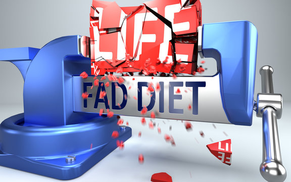 Fad diet can ruin and destruct life - symbolized by word Fad diet and a vice to show negative side of Fad diet, 3d illustration