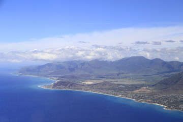view of Honolulu from airplane window