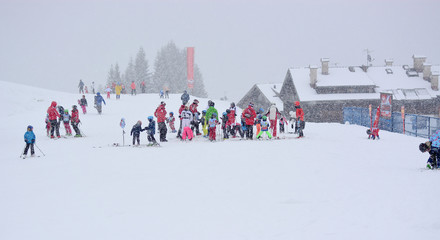 skiers on ski slope - obrazy, fototapety, plakaty