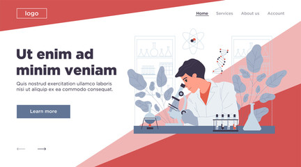 Chemist conducting experiment. Man in white coat with microscope, test tubes in lab flat vector illustration. Laboratory, chemistry, science concept for banner, website design or landing web page