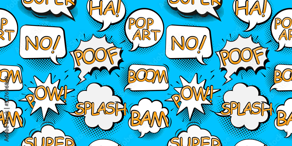 Poster Comic speech bubbles in pop art style with bomb cartoon and explosion text seamless pattern vector illustration