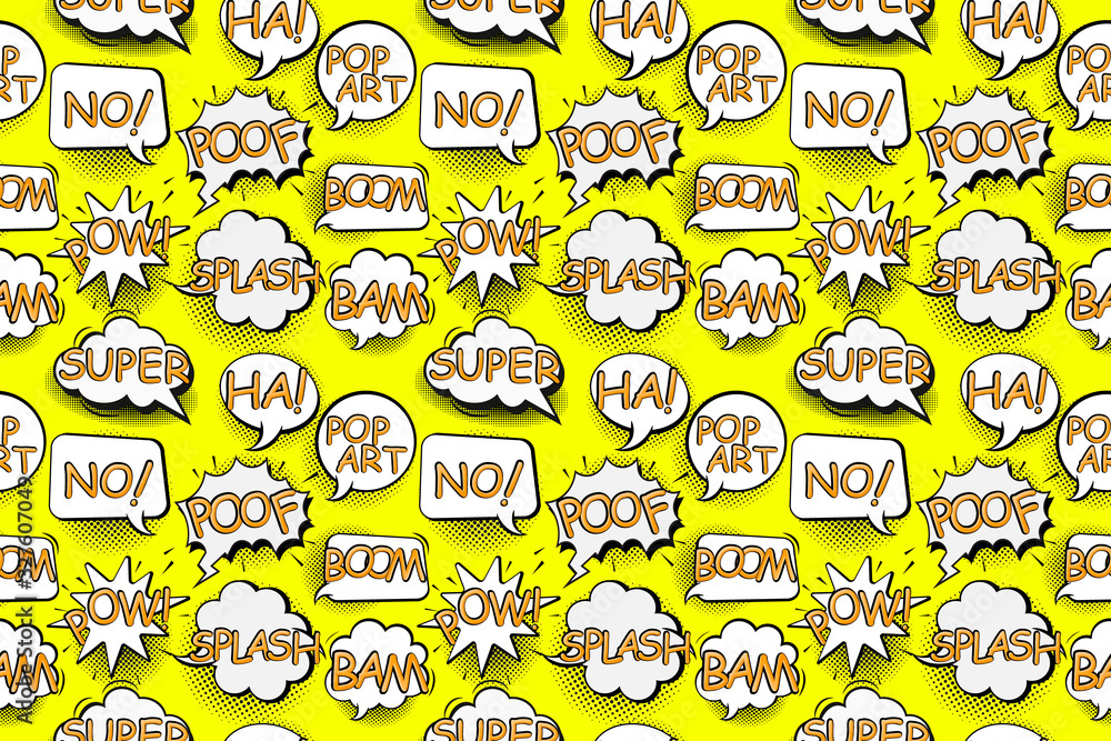 Poster Comic speech bubbles in pop art style with bomb cartoon and explosion text seamless pattern vector illustration
