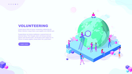 Trendy flat illustration. Volunteering page concept. Save planet. Teamwork metaphor concept. Globalisation. Learning. Education.  Knowledge. Training.Template for your design works. Vector graphics.