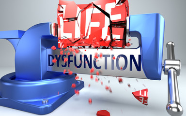 Dysfunction can ruin and destruct life - symbolized by word Dysfunction and a vice to show negative side of Dysfunction, 3d illustration