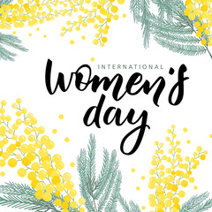Happy Women s Day handwritten lettering with mimosa flower. Modern vector hand drawn calligraphy isolated on white background for greeting card design.
