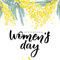 Happy Women s Day handwritten lettering with mimosa flower. Modern vector hand drawn calligraphy isolated on white background for greeting card design.