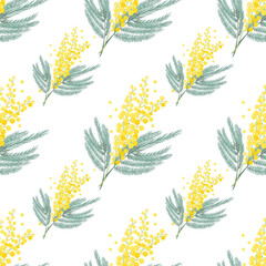 Seamless spring pattern with mimosa flower. Bright yellow flowers background.