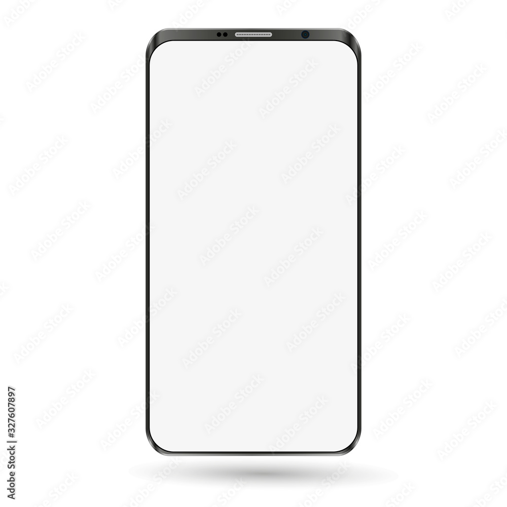 Poster Smartphone mock up with blank screen. Realistick cell phone can be a template for infographics or presentation of interface. Frame less smartphone. Vector Illustration UI/UX design
