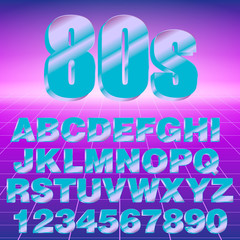 80's retro alphabet font. Metallic effect shiny letters and numbers. Vector typography for flyers, headlines, posters etc.