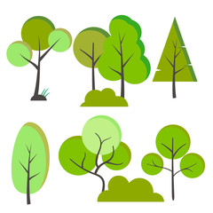 Trendy Set of different trees, bushes, grass and other natural objects. Flat trees set. Flat forest tree nature plant isolated eco foliage. Vector flat illustration