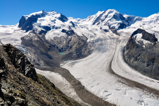 Gornergletscher 2010 Klimawandel Ver&auml;nderung Schmelzen globale Erw&auml;rmung Aussicht Gornergrat Zermatt Wallis Bergstation Panorama Fluss Monte Rosa Dufourspitze Spalten Gefahr Flut Permafrost ewiges Eis