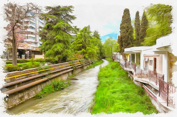 Fototapeta na wymiar Imitation of a picture. Oil paint. Illustration. Yalta, the river Uchan-su or Vodopadnaya